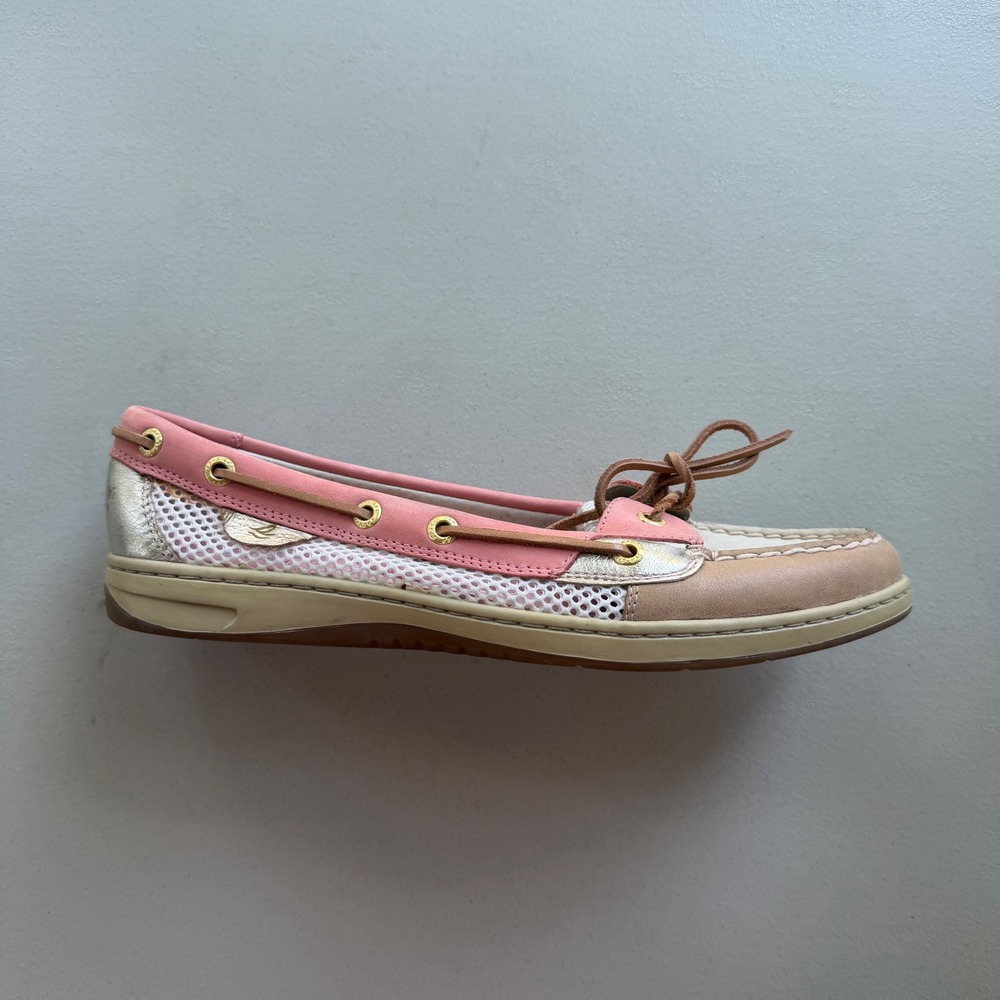 Sperry TopSider Women 9.5 Pink Tan Gold Leather Mesh Angelfish Boat Shoes Preppy - Picture 12 of 15